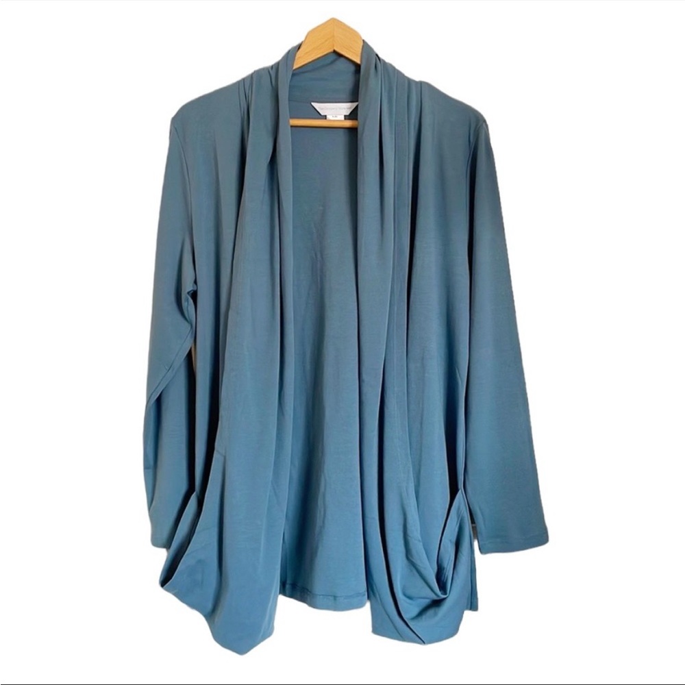 The Company Store Blue Open Front Drape Shawl Pocket Cardigan Sweater size L